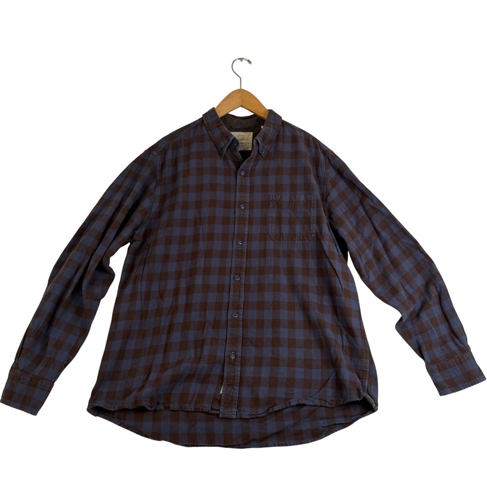 Weatherproof Vintage Mens XL Flannel Shirt Navy Brown Buffalo Plaid Button Down
